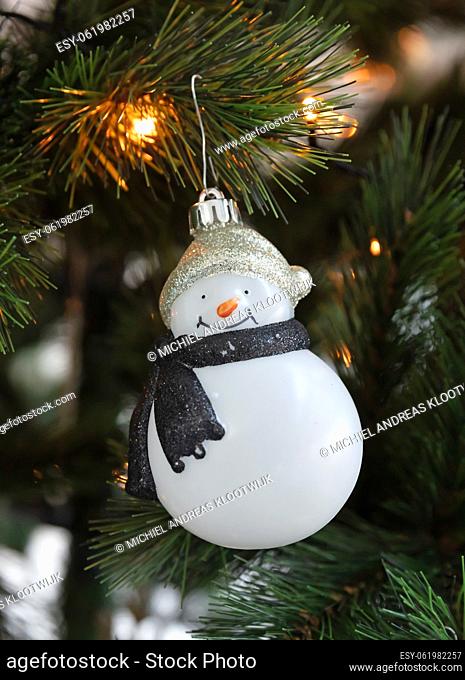 Close-up of christmas tree decoration, funny snowman