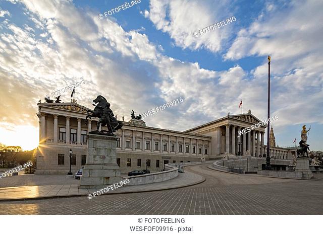 Austria, Vienna, view to parliament building at sunset