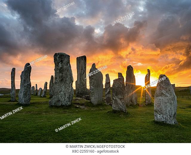 Standing Stones of Callanish (Callanish 1) on the Isle of Lewis in the Outer Hebrides. The megalithic monument is cross shaped with a central ring of stones and...