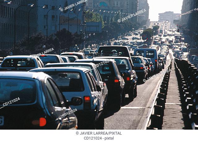 Traffic jam at Raimundo Fernández Villaverde street. Madrid. Spain