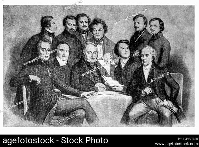 """Members of the Provisional Government"". First row: Lamartine, Marie, Dupont de l'Éure, Ledru-Rollin and Arago, Second row: Garmier-Pagès, Barbès Blanqui