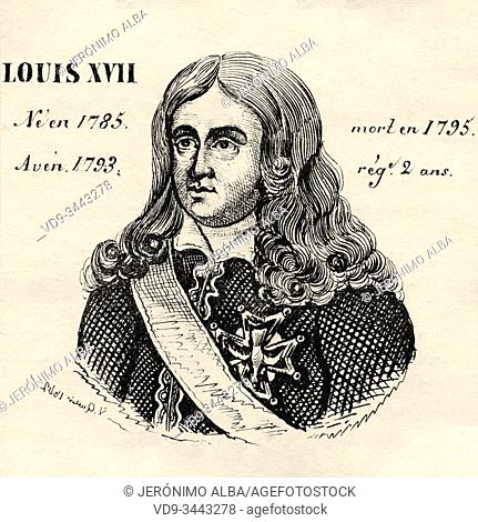 Portrait of Louis XVII (1785 - 1795). King of France from 1793 to 1795. House of Bourbon. History of France, from the book Atlas de la France 1842