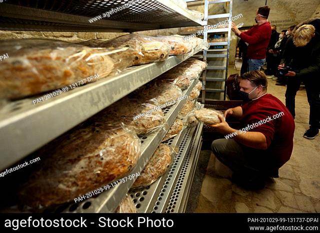 29 October 2020, Saxony-Anhalt, Halberstadt: An employee of the Halberstadt bakers and confectioners sorts fresh stollen into a shelf in the cathedral's...