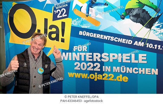 Two-time Olympic champion and former ski racer Markus Wasmeier presents a poster campaign for the referendum on Munich's application to host the Olympic Winter...