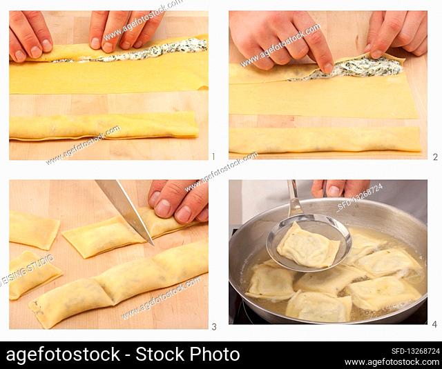 Maultaschen (Swabian ravioli) filled with spinach and cream cheese being made