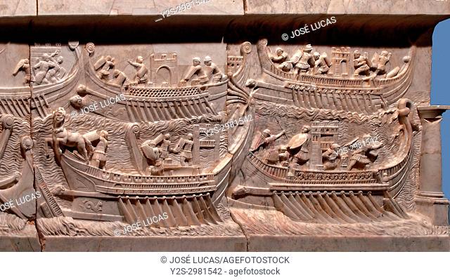 Roman relief, Naval Battle of Actium, 1st century, Duques de Cardona Collection, Cordoba, Region of Andalusia, Spain, Europe
