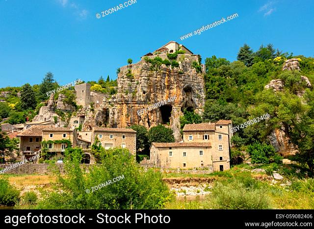 Houses of the small medieval village Labeaume, built in the rocky gorges and rock faces of the Ardeche in France