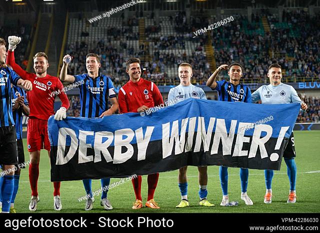 Club's players celebrate after winning a soccer match between Club Brugge KV and Cercle Brugge, Friday 02 September 2022 in Brugge