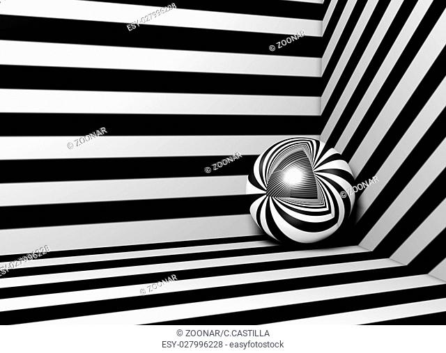 3d image of reflective sphere and black and white lines