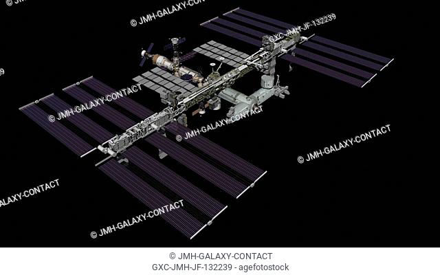 Computer-generated artist's rendering of the starboard view of the complete configuration of the International Space Station as of July 18, 2011