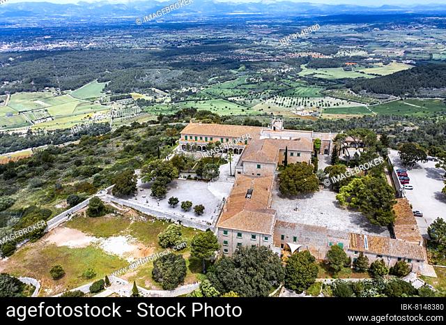 Aerial view, Santuari de Nostra Senyora de Cura monastery on Puig de Randa mountain, Pla de Majorca region, Majorca, Balearic Islands, Spain, Europe