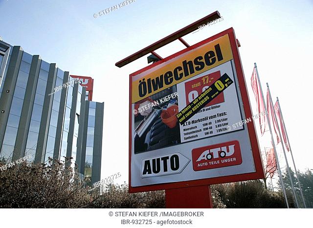 Advertising sign oil change in front of headquarters, head office, car repair shop chain ATU, Auto-Teile-Unger, Weiden, Bavaria, Germany, Europe