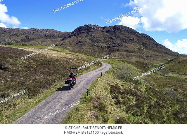 United Kingdom, Scotland, Highland, Ardnamurchan peninsula, motorbike on the road to Sanna (aerial view)