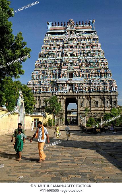 The north gopura, one of four monumental entrance gateways in the middle of each side of the third prakara. Nataraja temple in Chidambaram, Tamil Nadu, India