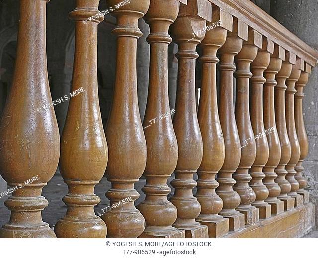 Wooden Railing with pillars at Indore Palace, Indore, Madhya Pradesh, India
