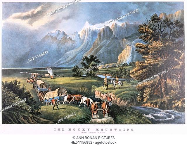'The Rocky Mountains', c1834-c1876. Emigrants crossing the plains watched by Native Americans. Published by Currier and Ives, New York, USA