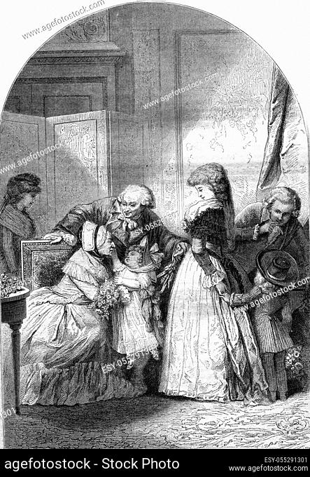 The Feast of grandma, vintage engraved illustration. Magasin Pittoresque 1870