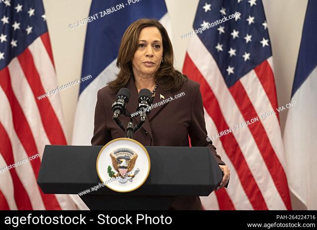 United States Vice President Kamala Harris remarks during a press conference at Hotel Intercontinental in Paris, France on November 12