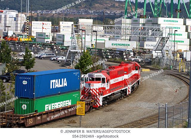 Tacoma Rail locomotives move containers at the Port of Tacoma, Washington State, USA