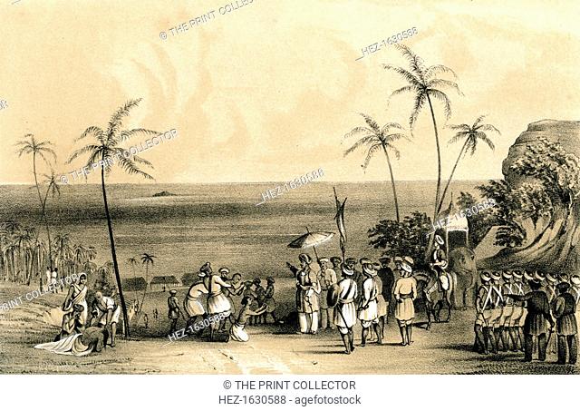'The merchants of Calicut seized and chained to a barren rock by order of Tippoo Saib', (1847). The merchants of Kozhikode in Kerala, India