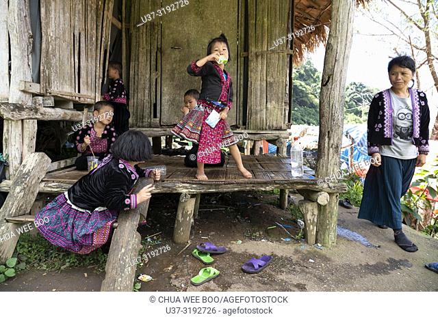 Hmong's Hilltribe children with traditional costumes at play, Doi Pui, Chiang Mai, Thailand