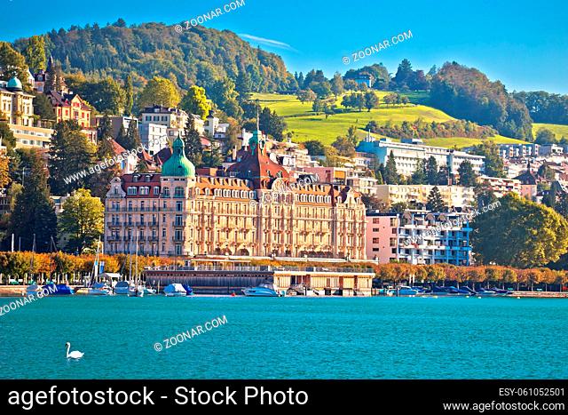 Lucerne lake waterfront and famous landmarks view, beautiful landscapes of Switzerland