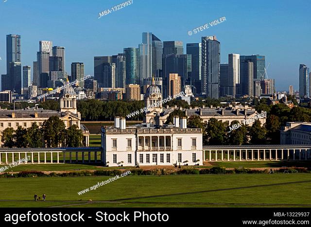 England, London, Greenwich, View of The Queens House and Docklands Skyline from Greenwich Park