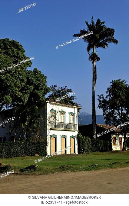 Historical building and a Royal Palm (Roystonea regia) in Paraty or Parati, Costa Verde, State of Rio de Janeiro, Brazil, South America