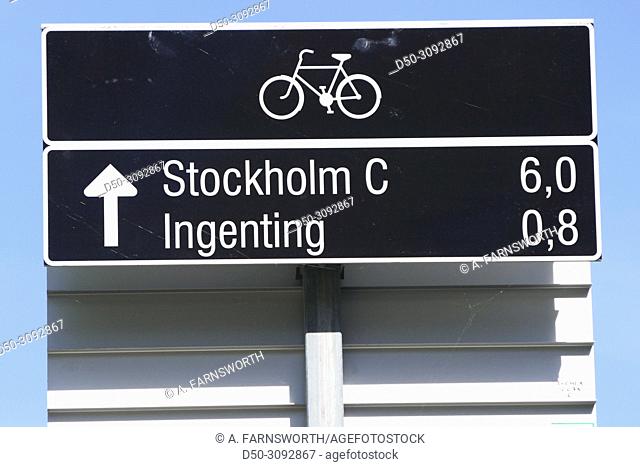 Solna, Sweden This funny sign indicates bicycle distances to Stockholm Center and to ""Nothing. ""
