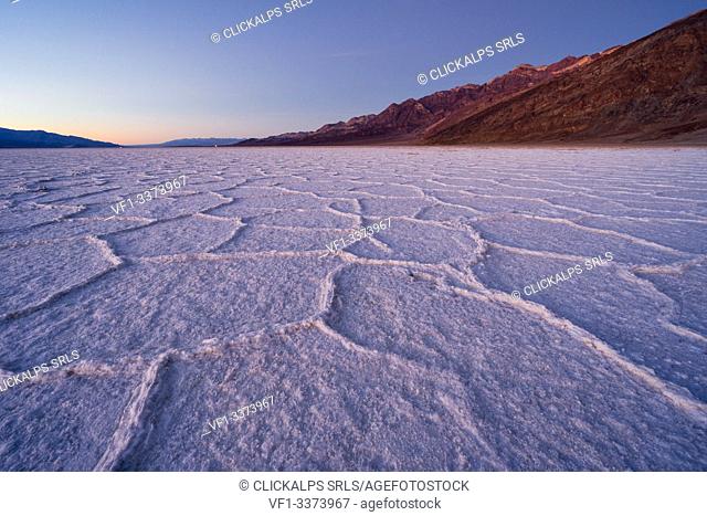 Sunset at Badwater Basin, the lowest point in north america, Death Valley National Park, Inyo County, California, North America, USA