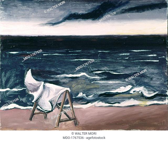 Tribute to Carrà (Omaggio a Carrà), by Renato Guttuso, 1968, 20th Century, oil on canvas. Whole artwork view. Sea landscape with rough sea and stormy sky