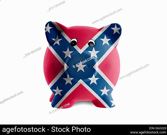 Unique pink ceramic piggy bank isolated, Confederate flag