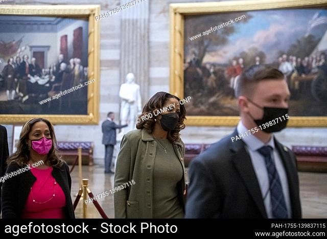 United States Delegate Stacey Plaskett (Democrat of the Virgin Islands) walks through the Capitol Rotunda to the Senate chamber on the fifth day of the Senate...