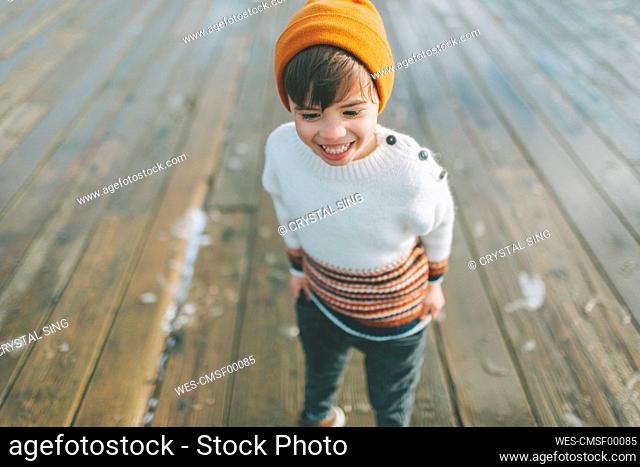 Happy little boy in a knit sweater