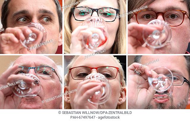 COMBO - Guests at the Central German New Wine Sampling trying new wine in Freyburg, Germany, 15 April 2016. Roughly 240 different types of new wine and...