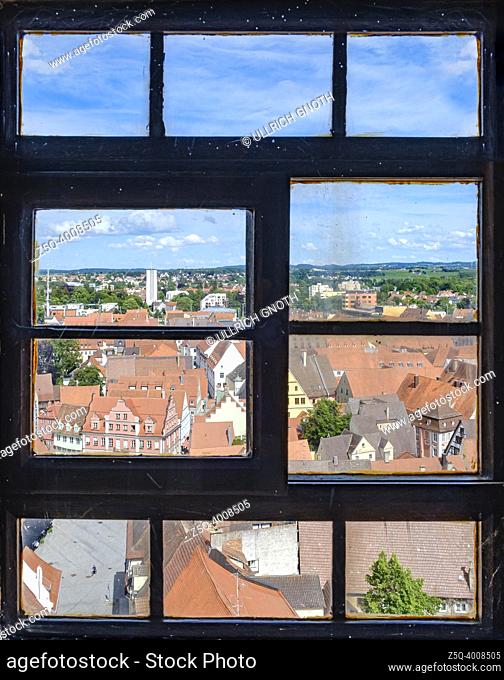 View from the St. Martin's steeple over the historic Old Town of Memmingen in the Lower Allgäu region, Swabia, Bavaria, Germany