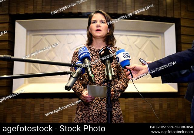16 May 2023, Saudi Arabia, Dschidda: Annalena Baerbock (Bündnis 90/Die Grünen), Foreign Minister, speaks to media representatives after her talks on the...
