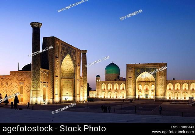 Registan Square, central square of Samarkand at night. Uzbekistan