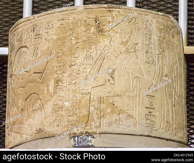 Egypt, Saqqara, tomb of Horemheb, block (now in Cairo museum) of a second court column : Horemheb praying Osiris-Unnefer, Isis and Nephthys