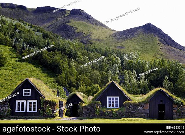 Grass sod houses, museum village, Skogafoss, South Iceland, Iceland, Europe