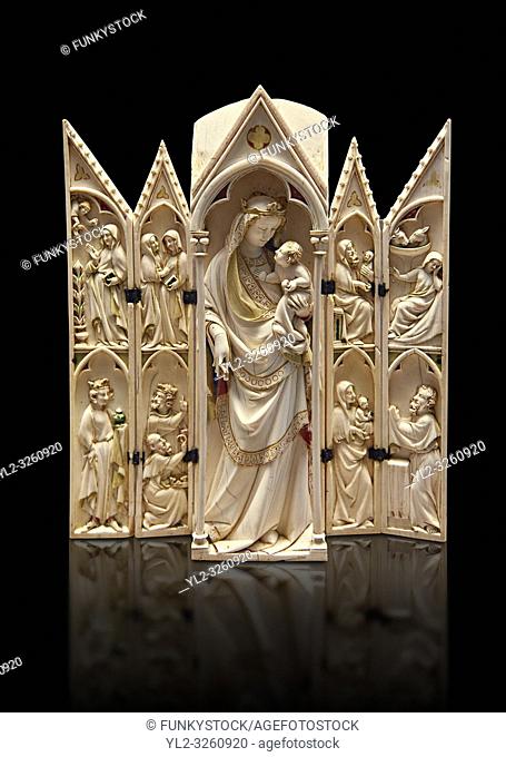 Medieval Gothic ivory tabernacle depicting the Virgin and Child with scenes from the Annunciation, Nativity, the adoration of the Magi and the presentation at...