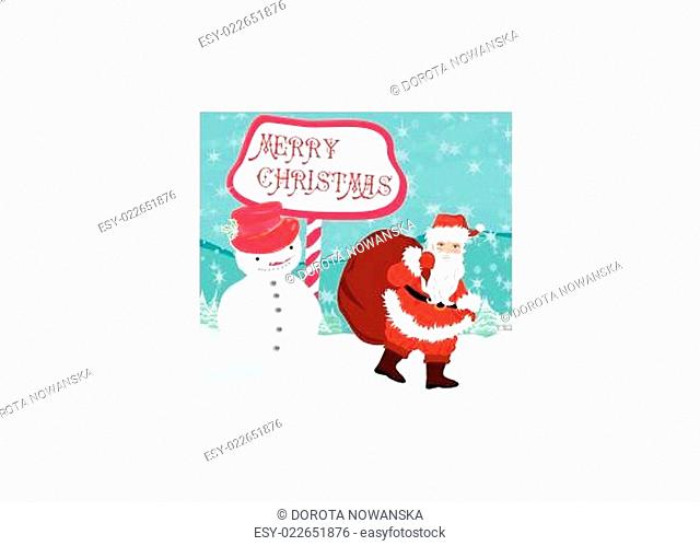 santa claus with a bag of gifts and smiling snowman