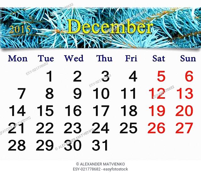 calendar for December 2015 with picture of spruce