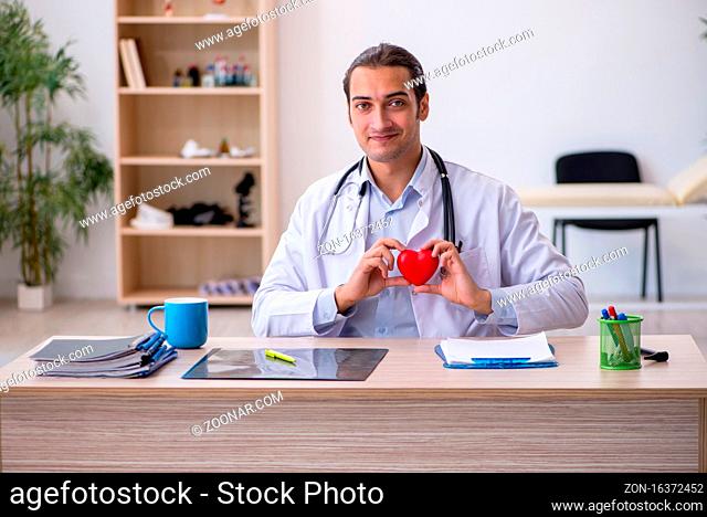Young doctor cardiologist holding heart model