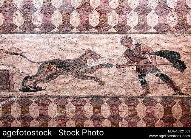 Paphos, Archaeological Park, House of Dionysus, the eastern porticus, a hunter attacks a leopard with a spear, Cyprus, Greek part