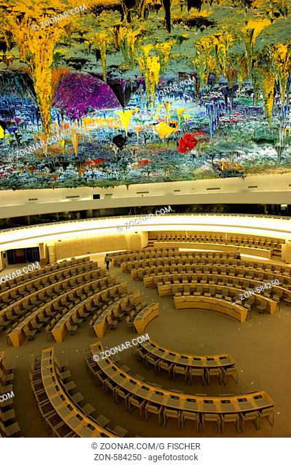 Im Saal der Menschenrechte und der Allianz der Zivilisationen, Gestaltung der Deckenkuppel von Miquel Barcelo, UNO, Palais des Nations, Genf