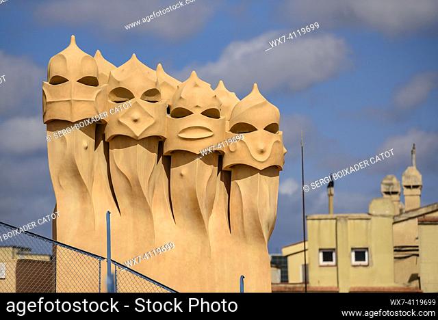 Chimneys in the shapes of soldiers / warriors on the rooftop of Casa Milá  - La Pedrera designed by Antoni Gaudí (Barcelona, Catalonia, Spain)