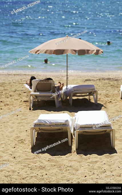 Detail view of the Figueretes beach on August 21, 2020 in Ibiza, Spain. Almost all Schengen countries recommend not traveling to Spain due to COVID -19