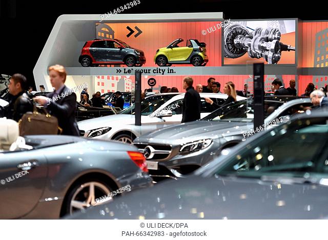 A view of the Smart stand from the Mercedes stand at the Geneva International Motor Show during the second press day in Geneva,  Switzerland, 02 March 2016