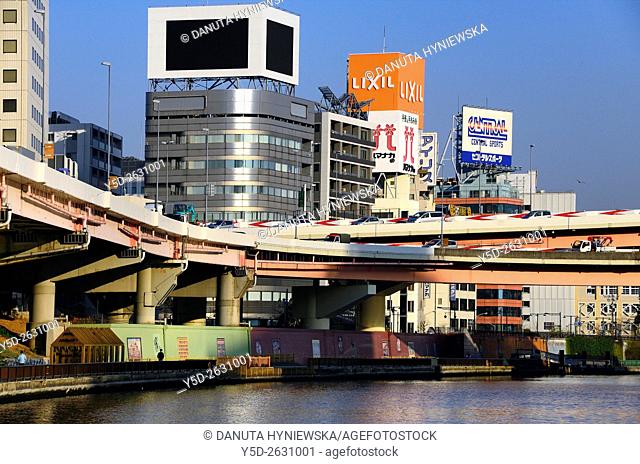 Urban landscape od Tokyo, Metropolitan Expressways over Sumida river, Nihonbashi-hamacho, Chuo , Chuo-ku, Tokyo, Japan